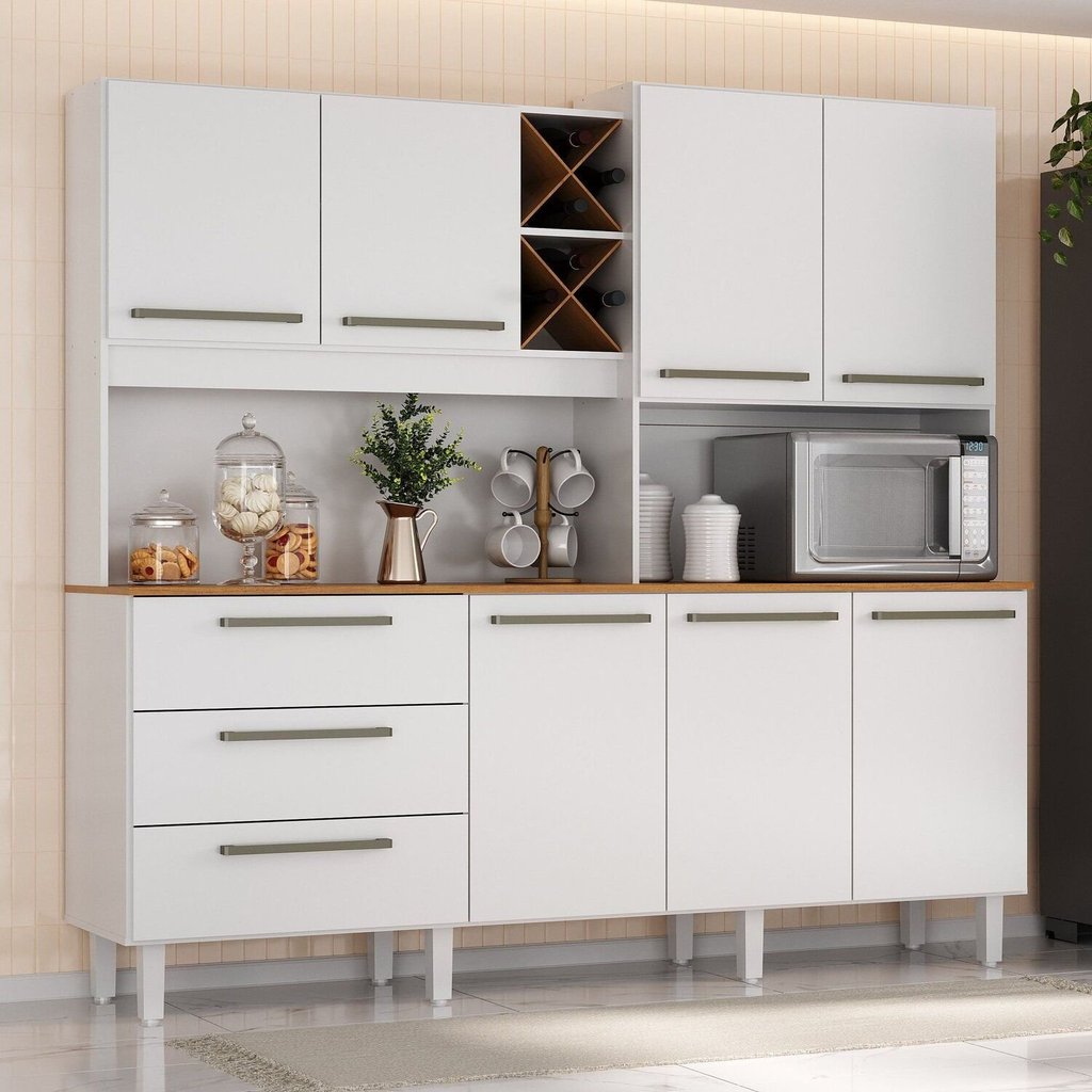 Armário para Cozinha 7 Portas 3 Gavetas com Balcão e Porta Garrafas Ajax Branco Branco