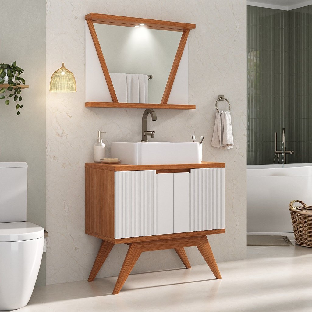 Conjunto para Banheiro Completo com Gabinete Madeira Maciça Cuba Sobrepor e Espelho com LED - Linha Cinamomo/Branco