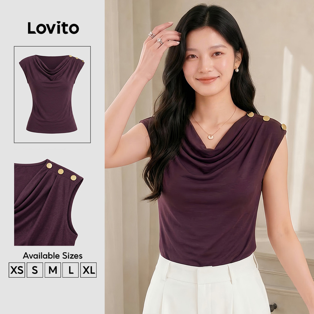 Lovito Feminina Elegante Camiseta Roxa com Botão para Primavera/Verão LK5AD197