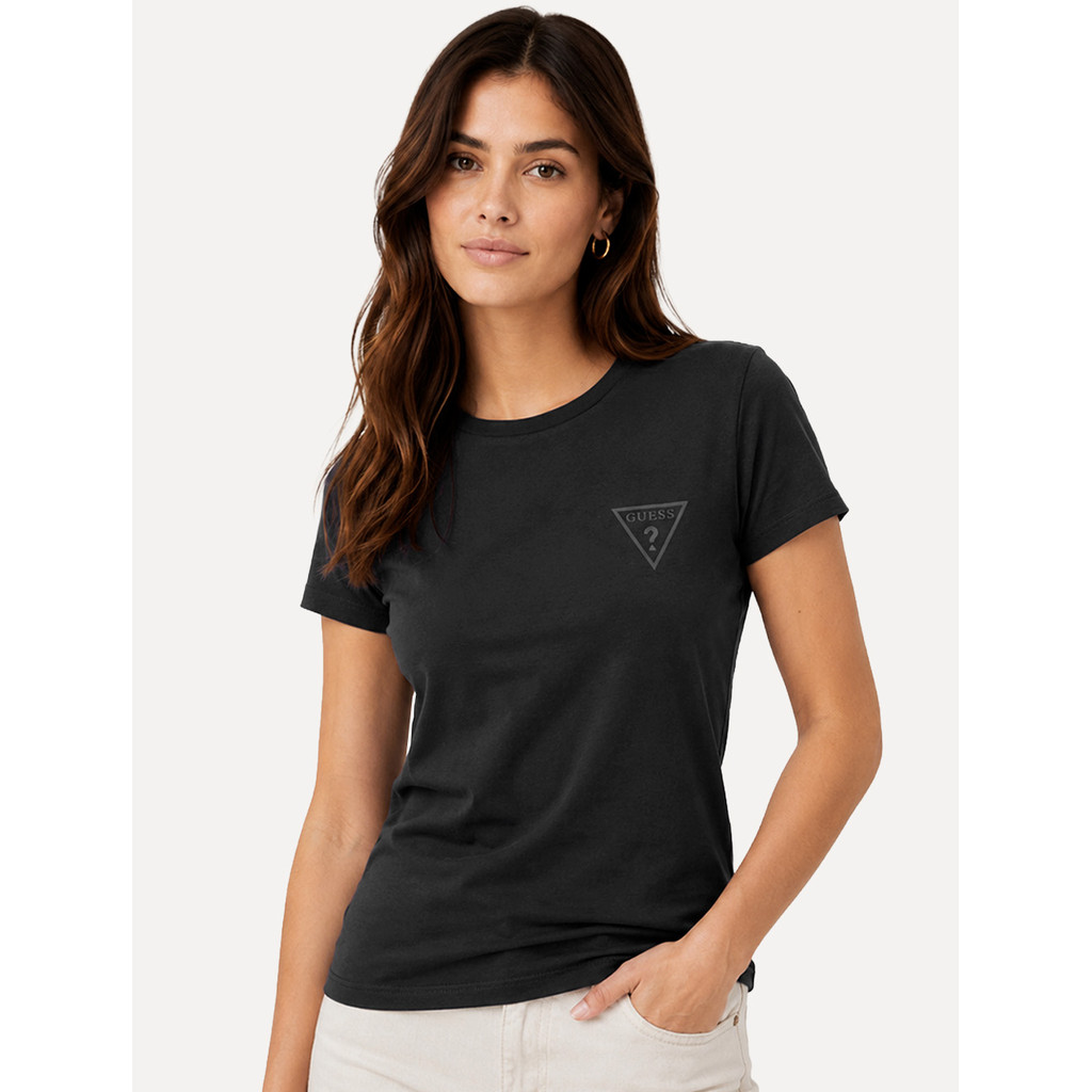 Camiseta Guess Feminina Chest Rubber Logo Original Preta