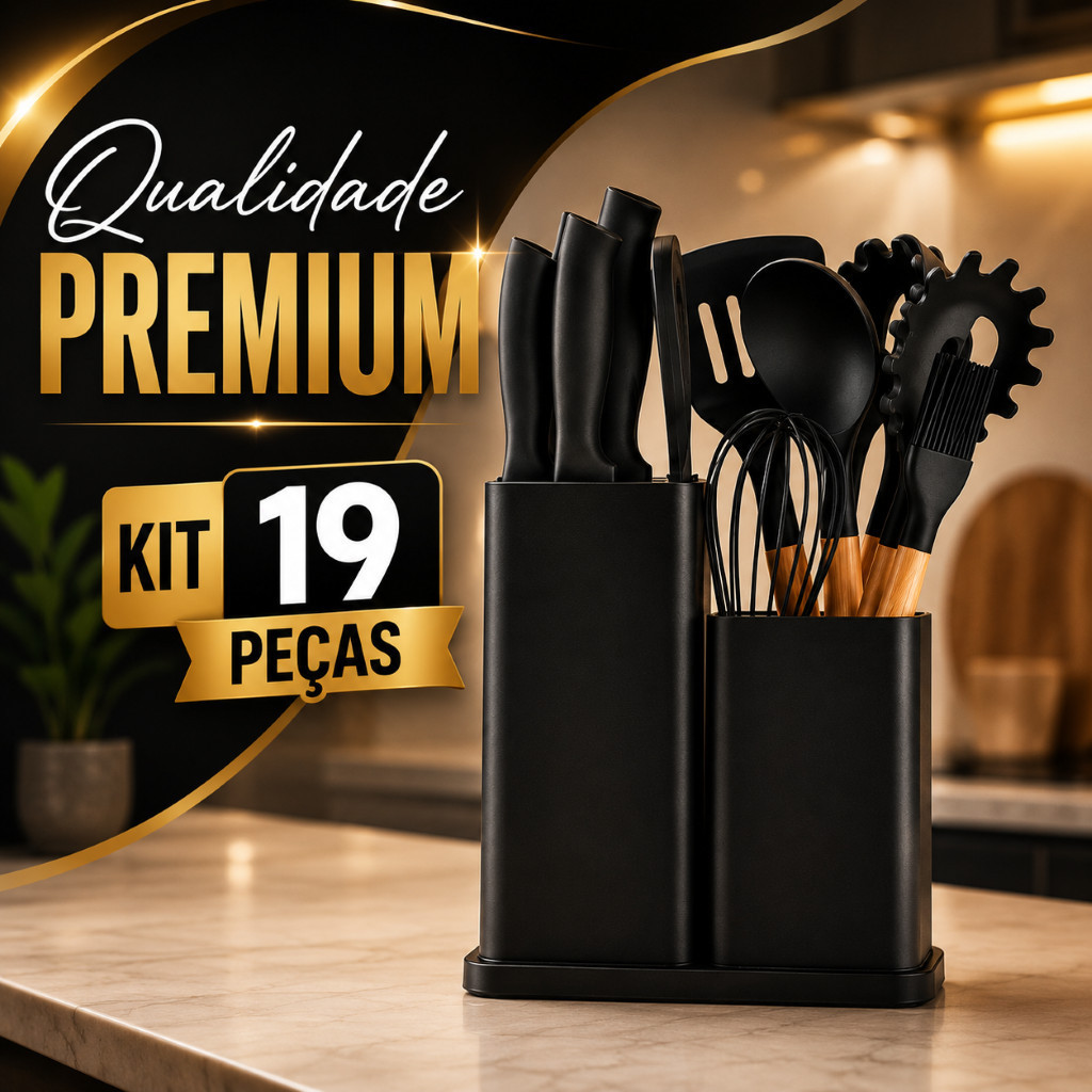 Kit Utensílios Cozinha Silicone 19 Peças Cabo Madeira Antiaderente Completo com Facas e Tábua