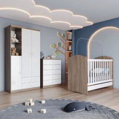 Quarto de Bebê com Guarda-Roupa 3 Portas Cômoda e Berço 3 em 1 Lápis de Cor Espresso Móveis Branco/R