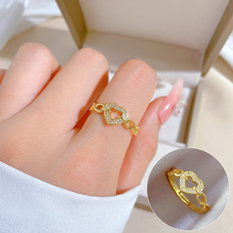 [Ouro Real] corrente amor coração anel de diamante completo abertura ajustável simples mão jóias anel japonês casal anel
