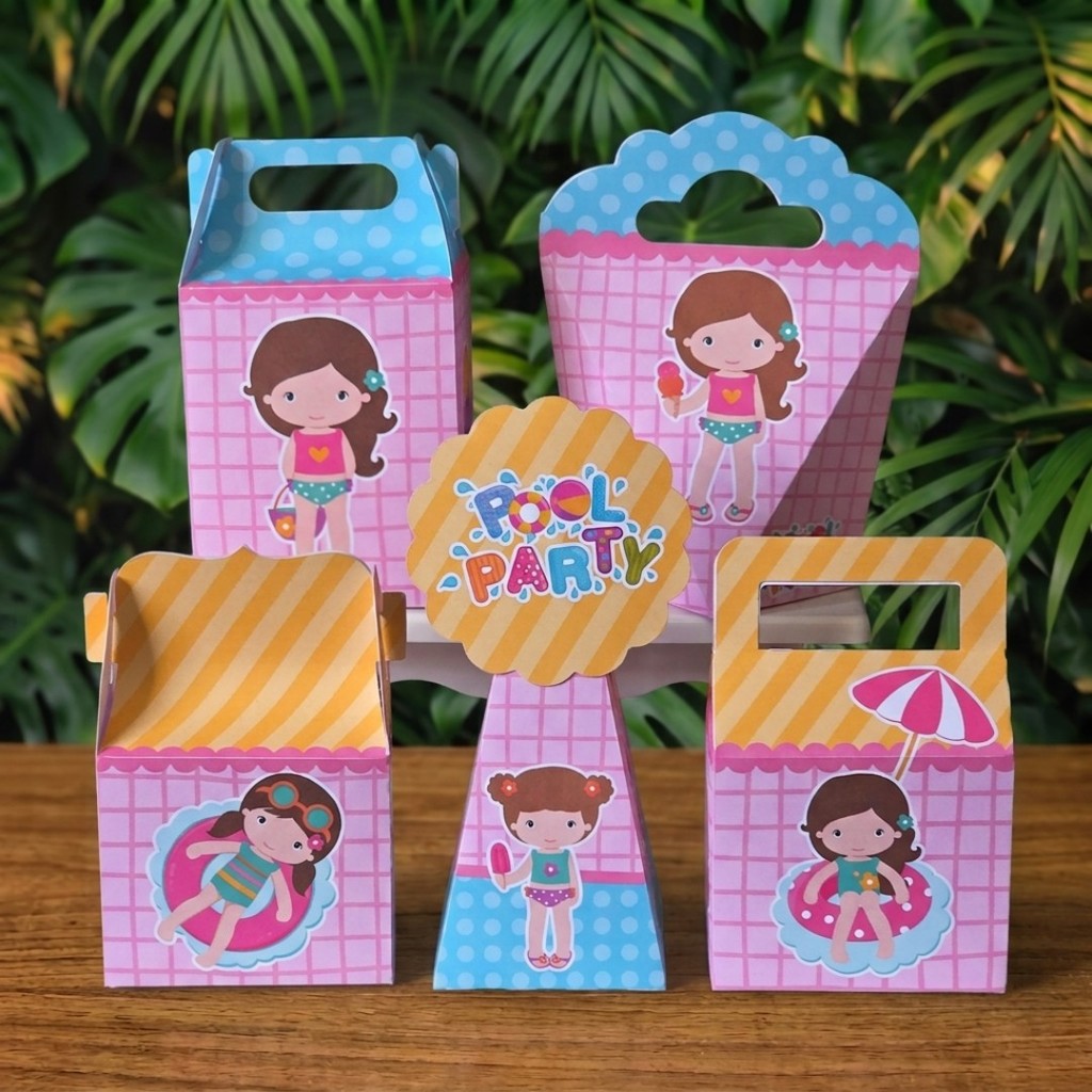 Kit Festa Caixinhas POOL PARTY MENINA lembrancinhas personalizadas para aniversario infantil decoração mimos