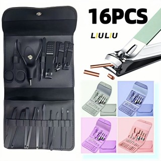 Conjunto 16 Ferramentas de Unha em Aço Inoxidável, Kit de Manicure e Pedicure Portátil para Homens e Mulheres