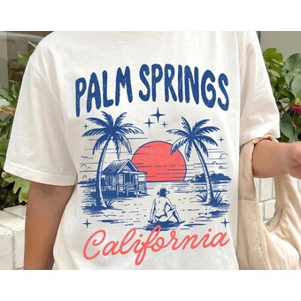 Camiseta Feminina Estampa Paisagem Tropical Palm Springs California Linda Confortável Estilosa Moda Feminina Casual