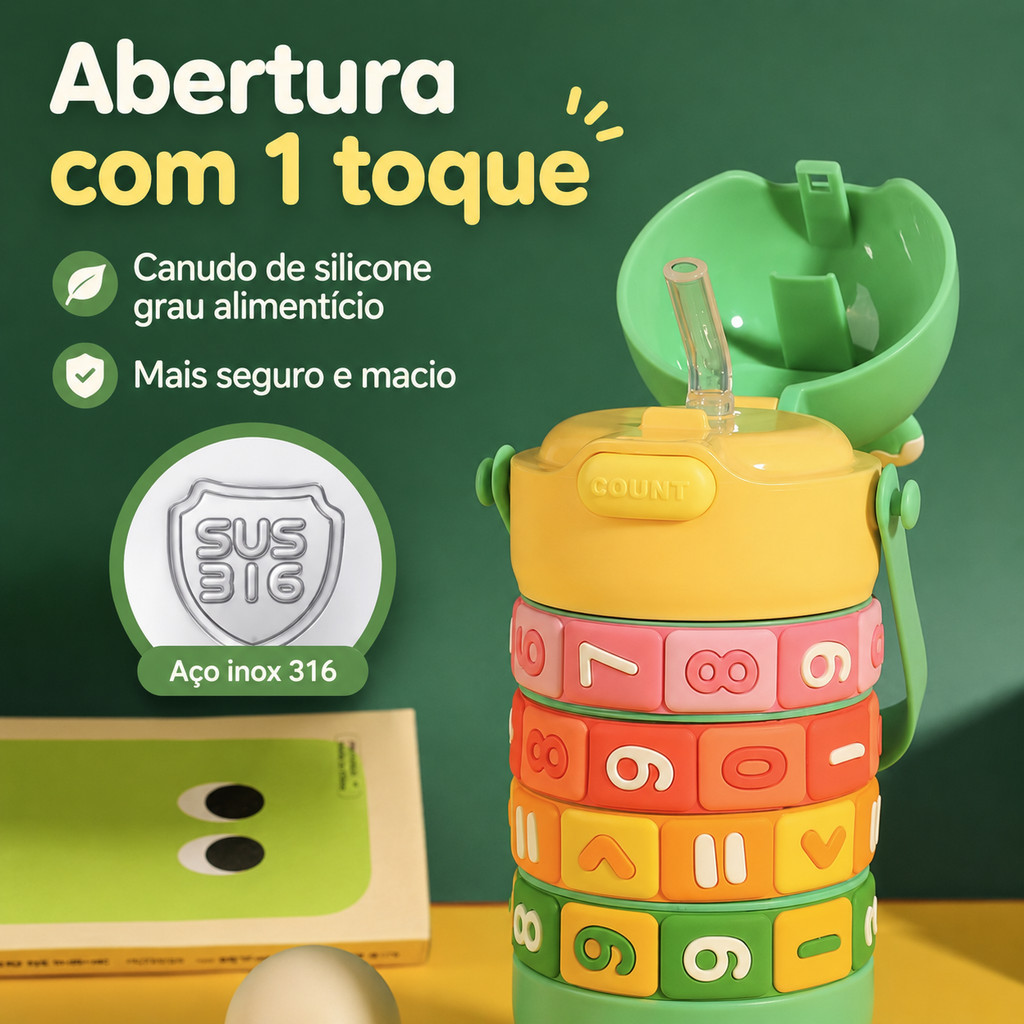 Copo 430ML Garrafa Térmica Infantil De Inox Com Canudo E Tabuada Colorida MATEMATICA