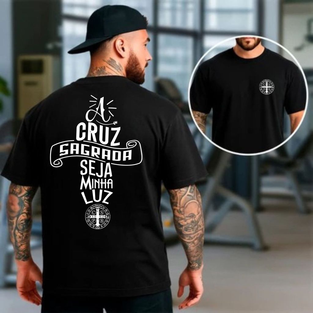 Camiseta masculina Oversized Estampa A Cruz Sagrada para Academia Musculação camisa algodão Streetwear 100% Algodão