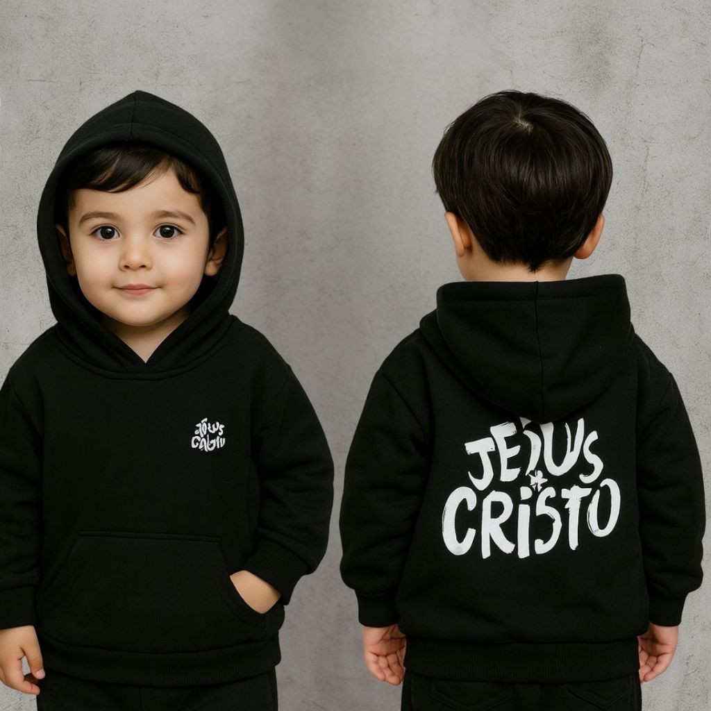 Moletom Masculino Infantil Moletom Modelo Canguru Infantil Estampado Jesus Flanelado Moda Inverno CMS