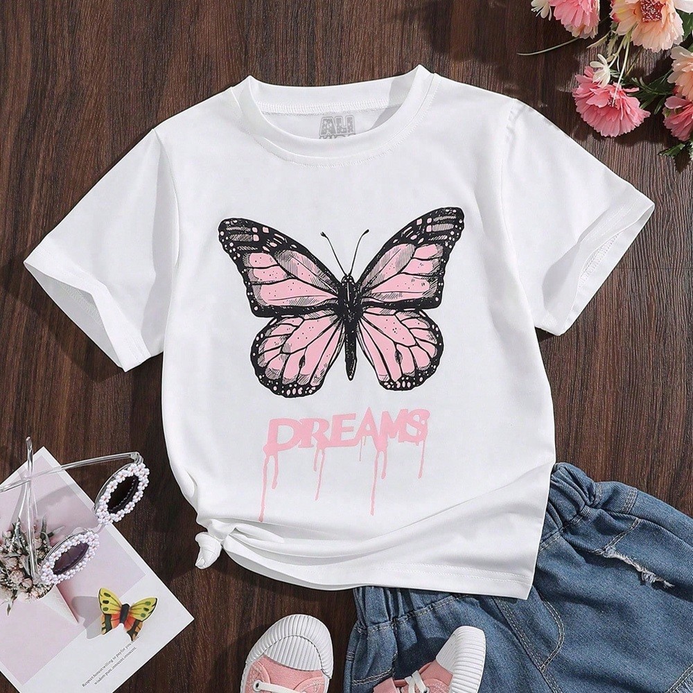 Camiseta Infantil De Menina Borboleta Camisa Básica Juvenil Confortável Blusinha Moda Kids Criança