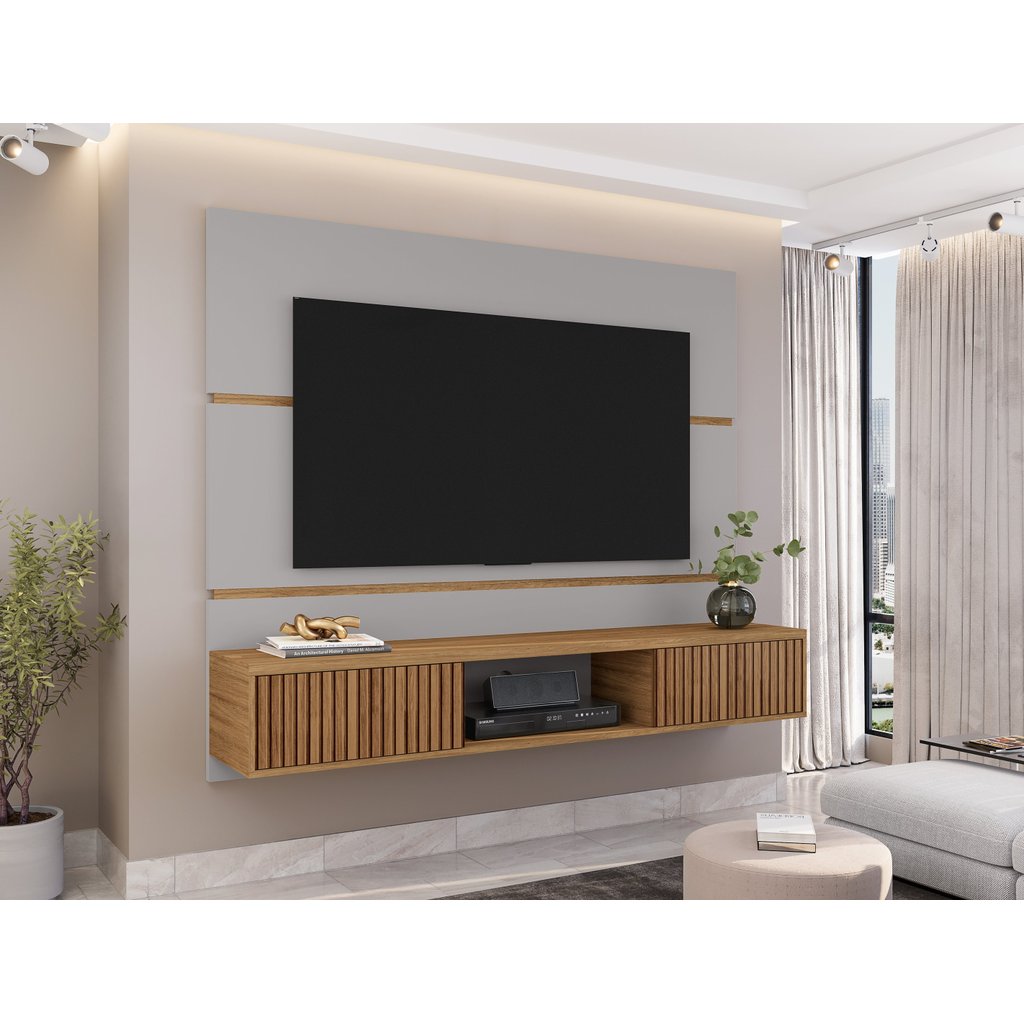 Painel para TV até 65 Polegadas 160CMX136CM 2 Portas Âmbar Bege Off White/Cinamomo/Ripado