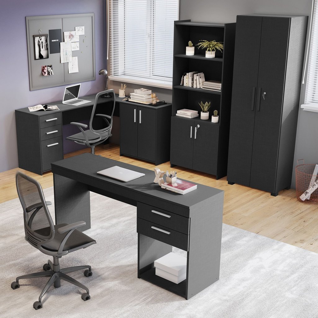 Conjunto 4 Peças com Mesa para Escritório em L 1, Escrivaninha, Armário Multiuso Aberto e Fechado Preto Tx Preto Tx