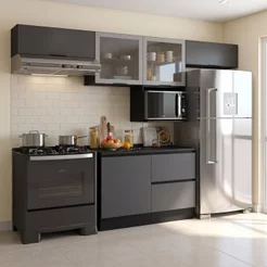 Cozinha Modulada 5 Peças com Nicho para Micro-Ondas e Balcão com Tampo 5 Portas 3 Gavetas Etna Grafite Preto Grafite