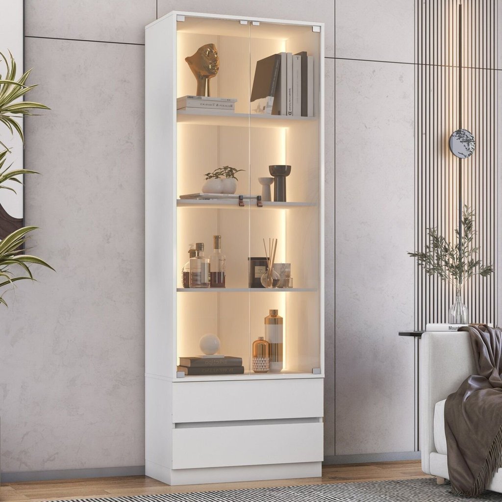 Cristaleira 2 Portas 2 Gavetas com LED e Portas de Vidro Liz Yescasa Branco Branco
