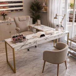 MESA EM L INDUSTRIAL PARA HOME OFFICE E ESCRITÓRIO - ATÉ 1,20M - PÉS DOURADOS - TAMPO MÁRMORE - QUEIMA DE ESTOQUE