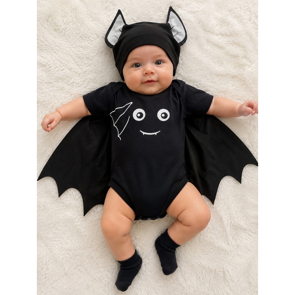 Body Bebê Morcego Halloween com Capa e Touca | Fantasia Infantil Mesversário