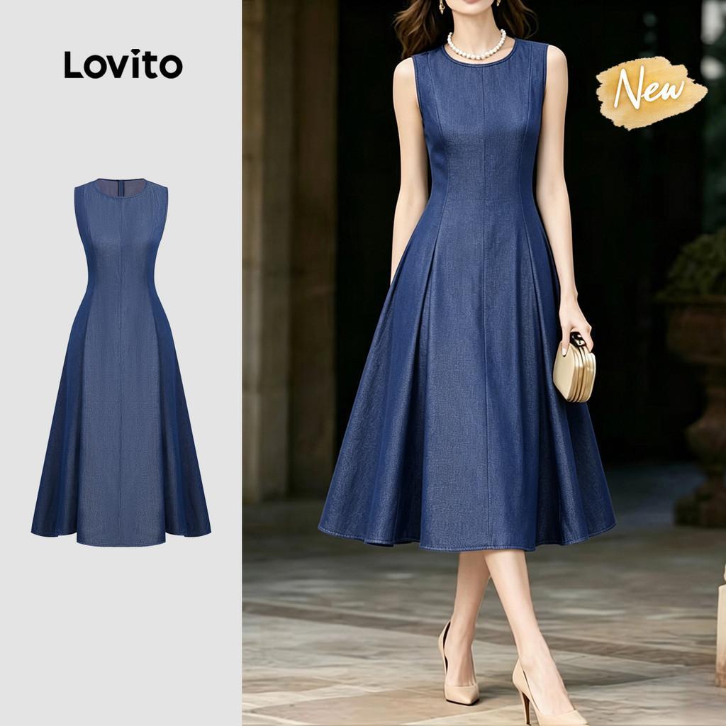 (New Arrival) Lovito Vestido Elegante Estrutura Linha Imitação Jeans Azul Escuro Vestido feminino L199ED705