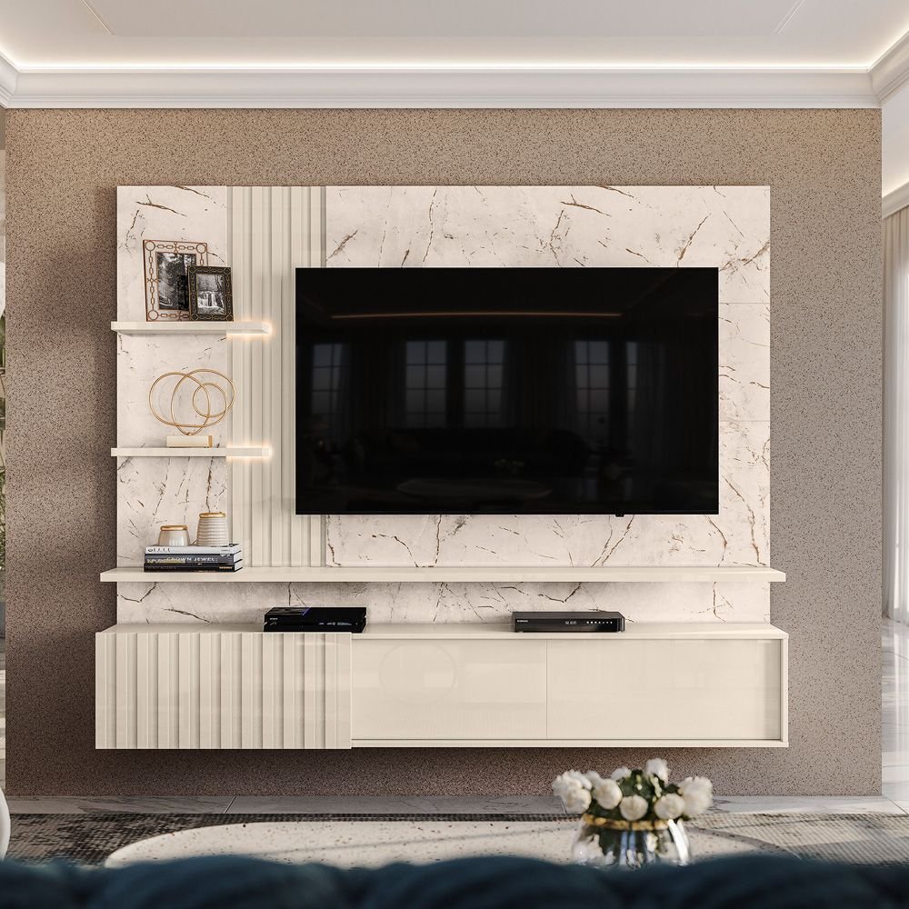 Painel Ripado para TV até 65 Polegadas com LED 2 Portas 167,5x200cm Atena Yescasa Branco Calacata/Offwhite