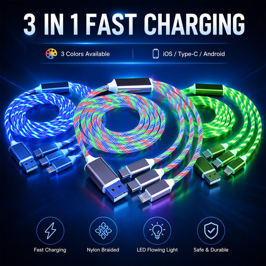 Cabo de dados trançado Flowing Light carregamento rápido 3 em 1 de 6A compatível com sistemas Android Type-C USB e iOS