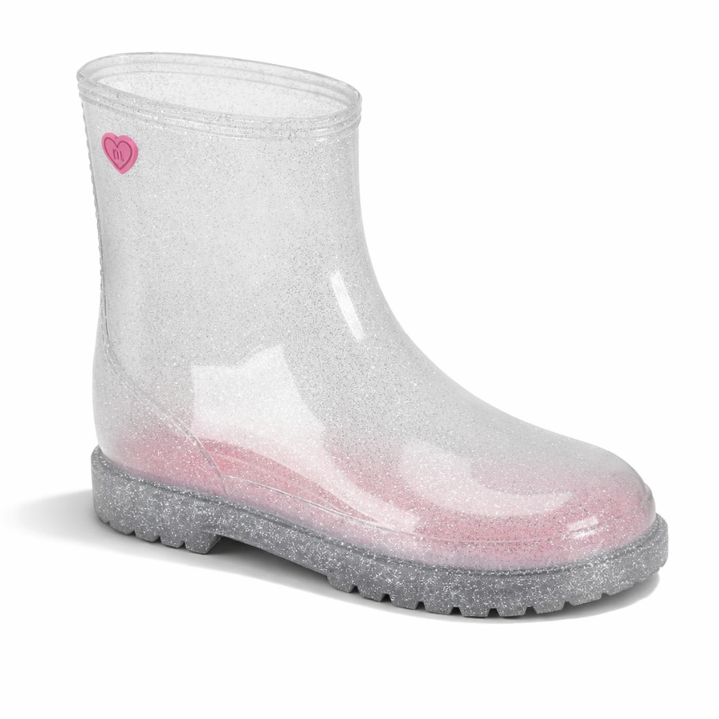 Galocha com Glitter Menina Brilhante Infantil Bota Sola Tratorada Coração Prova D'água Molekinha