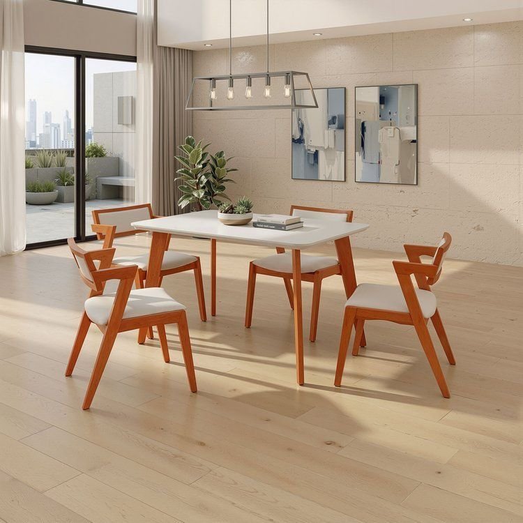 Conjunto Mesa e 4 Cadeiras Madeira Maciça, Tampo Off White e Assento Estofado Ímola Champagne/Off White