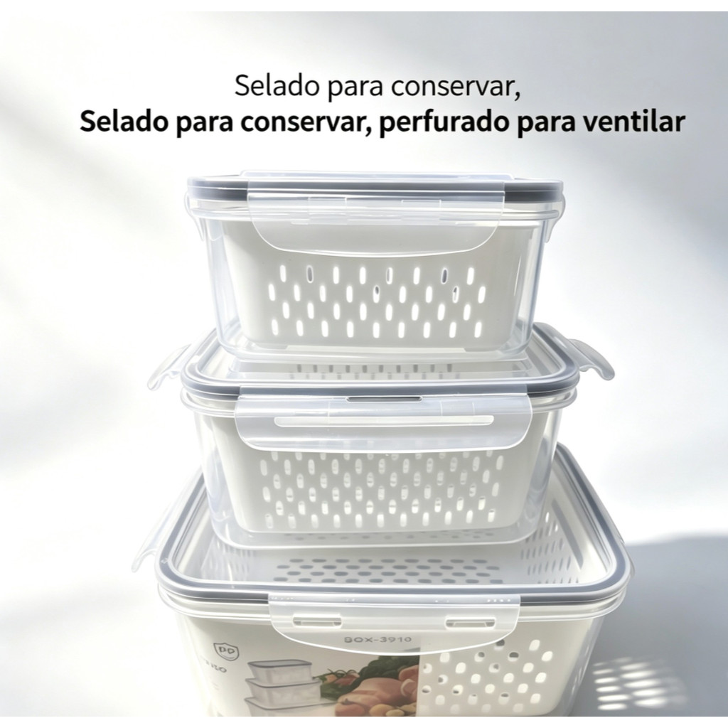 Kit 3 Caixa Organizadora Geladeira Potes Organizadores Herméticos com Cesto Drenagem Frutas Legumes Geladeira Sem BPA
