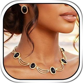 Conjunto de Joias de Cristal Preto e Dourado Sixexey, Estilo Boho Vintage, Colar e Brincos Pretos, Acessórios de Joalher