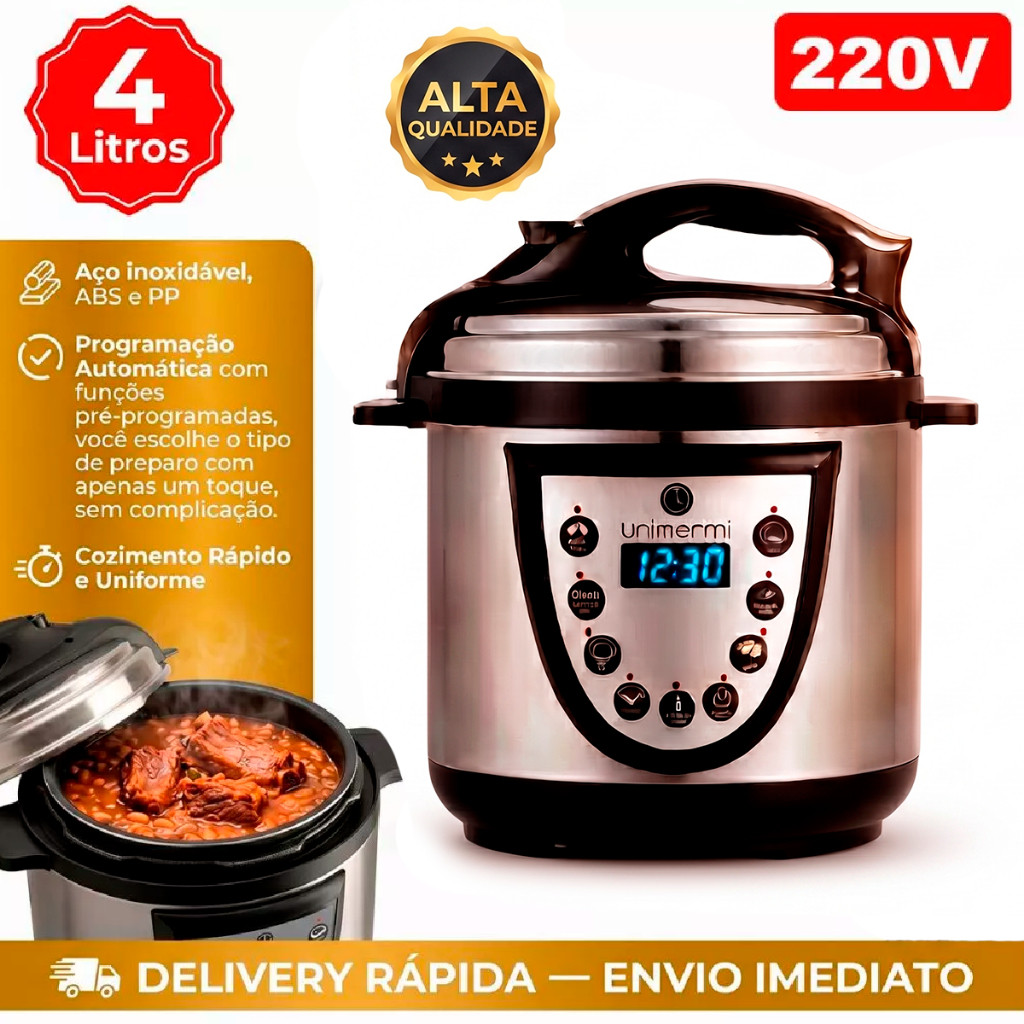 Panela pressão Elétrica Digital 220V inox 4L Unitermi 800W Antiaderente timer e programação desligar