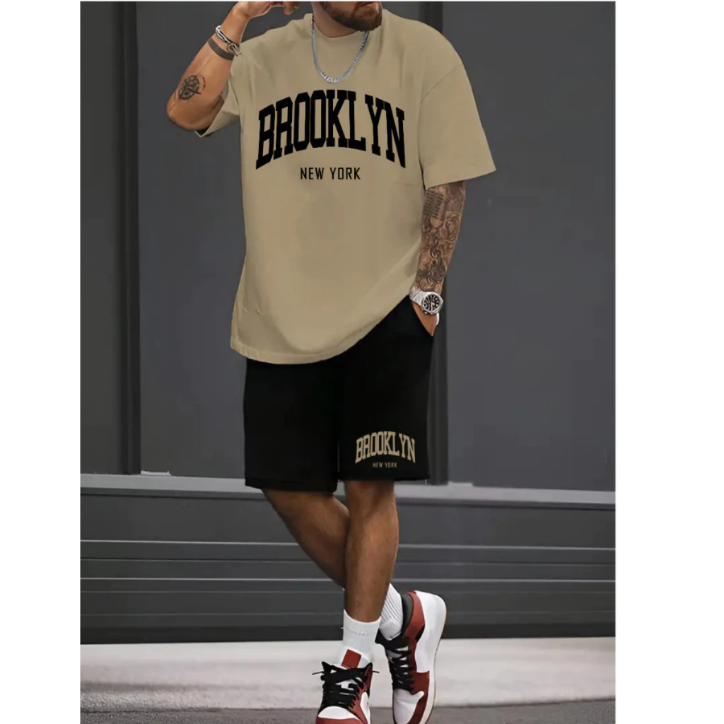 Kit Camisa e Short Tactel Masculino Brooklyn Moderno Casual Estiloso Tendencia Confortavel Verão