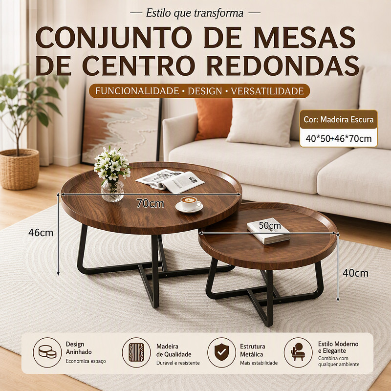 Mesa Redonda Conjunto 2 Peças, Mesinha Lateral Aninhável Alta Capacidade de Carga, Madeira Nogueira para Sala‑de‑Estar
