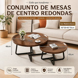 Mesa Redonda Conjunto 2 Peças, Mesinha Lateral Aninhável Alta Capacidade de Carga, Madeira Nogueira para Sala‑de‑Estar