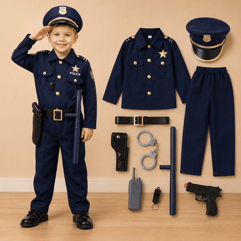 Kit Fantasia Completa Policial Infantil Masculino 3-8 anos Festa Halloween Carnaval