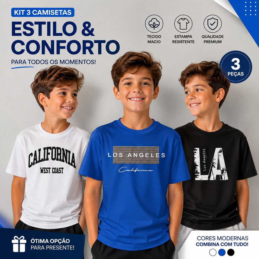 Kit 3 Camisetas Infantil masculina, menino Gola Redonda Califórnia Blogueirinho Adolescente Streetwear