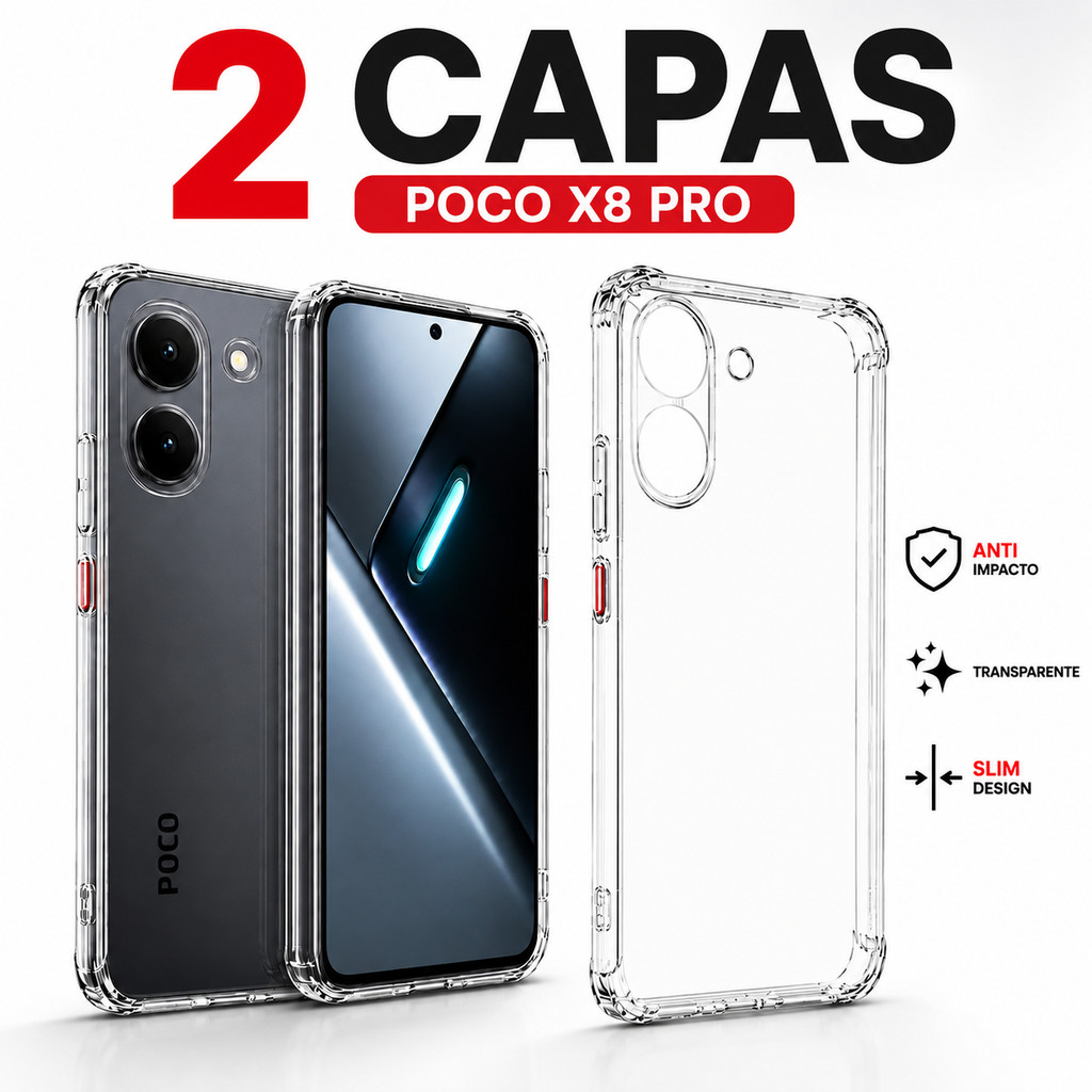2 Capa Anti Impacto Poco X8 Pro Transparente Com Bordas Proteção Premium