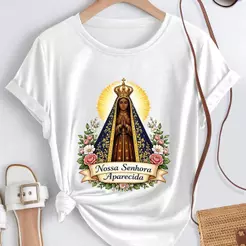 Nossa Senhora Aparecida Camiseta Católica Feminina de Algodão