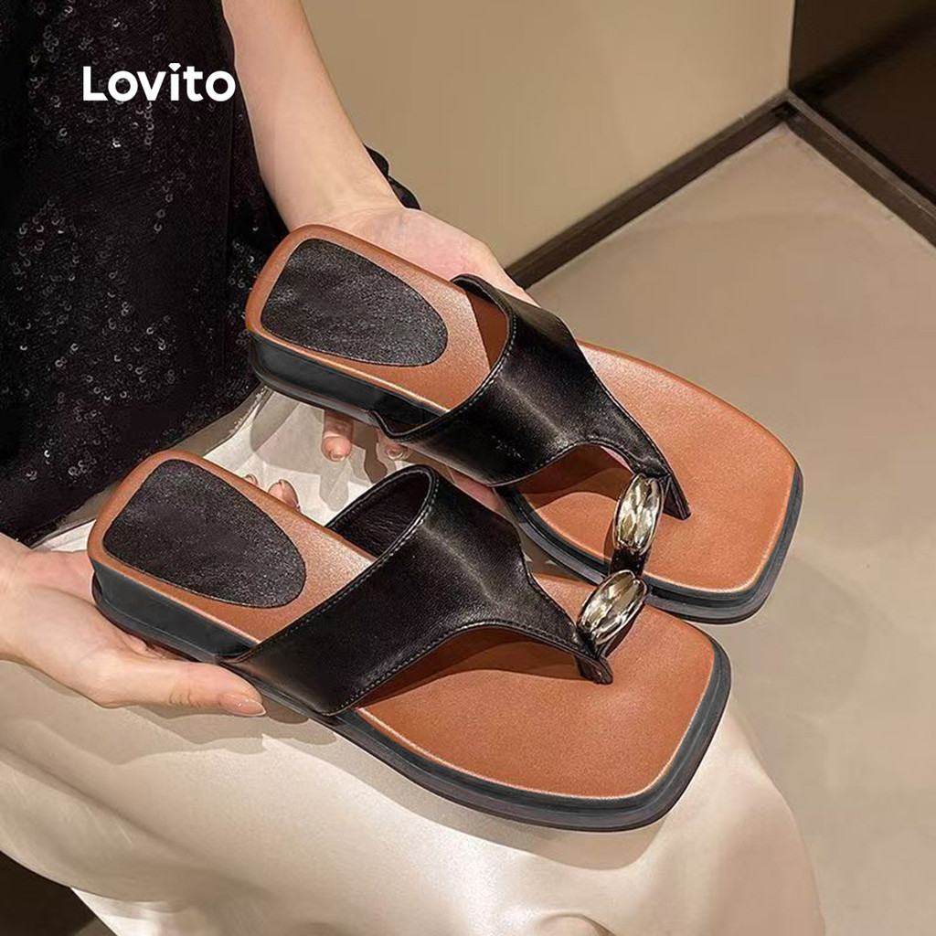 Lovito Sandálias Rasteiras Casuais Com Design Coreano Colorblock Brancas Para Mulheres LFA118025 · foto 2