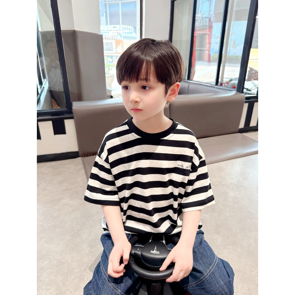 Super macio ceroso ~ meninos bordado listrado camiseta de manga curta crianças verão roupas infantis bebê versão coreana