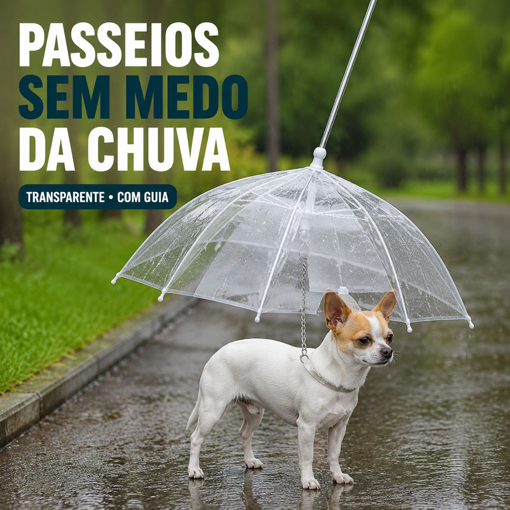 Guarda-Chuva Pet Invertido Transparente com Guia para Cachorros e Gatos – Passeio na Chuva