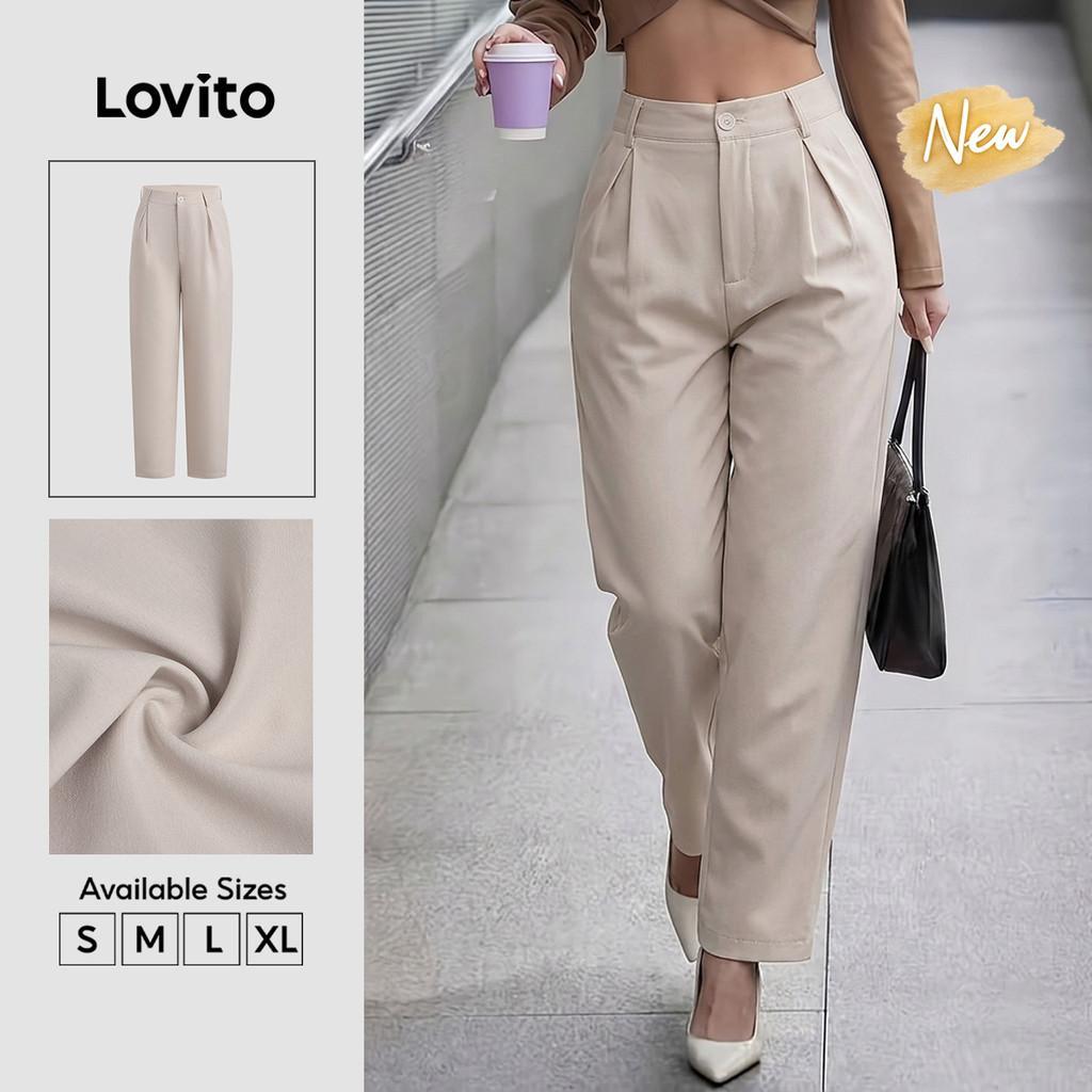 (New Arrival) Lovito Calça Casual Feminina Cáqui com Bolso Zíper e Botão PTB38BR