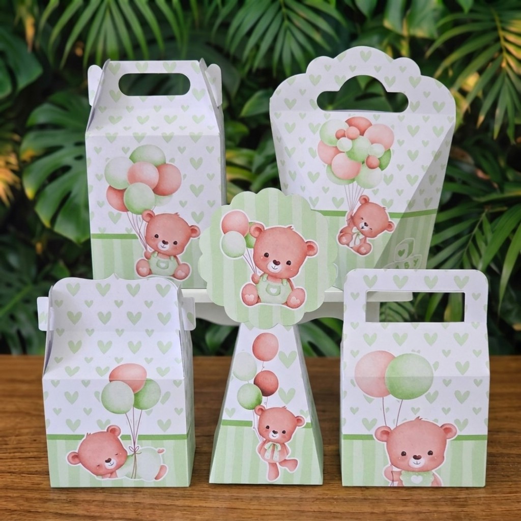 Kit Festa Caixinhas URSINHO VERDE chá de bebê fraldas revelação lembrancinhas personalizadas infantil decoração mimos