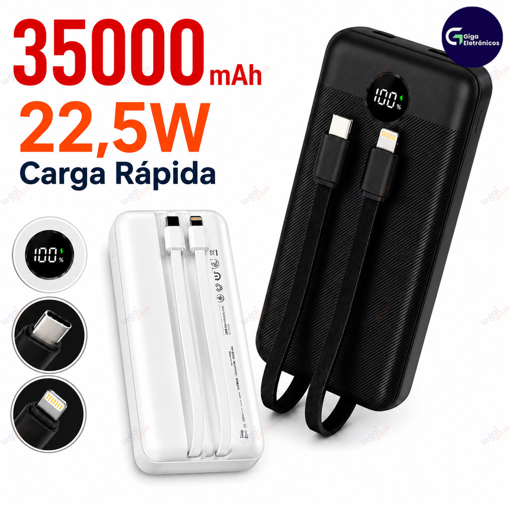Power Bank 12000mAh/26000mAh/35000mAh Cabo Integrado USB Recarga Rápida Bateria Externa Smartphone