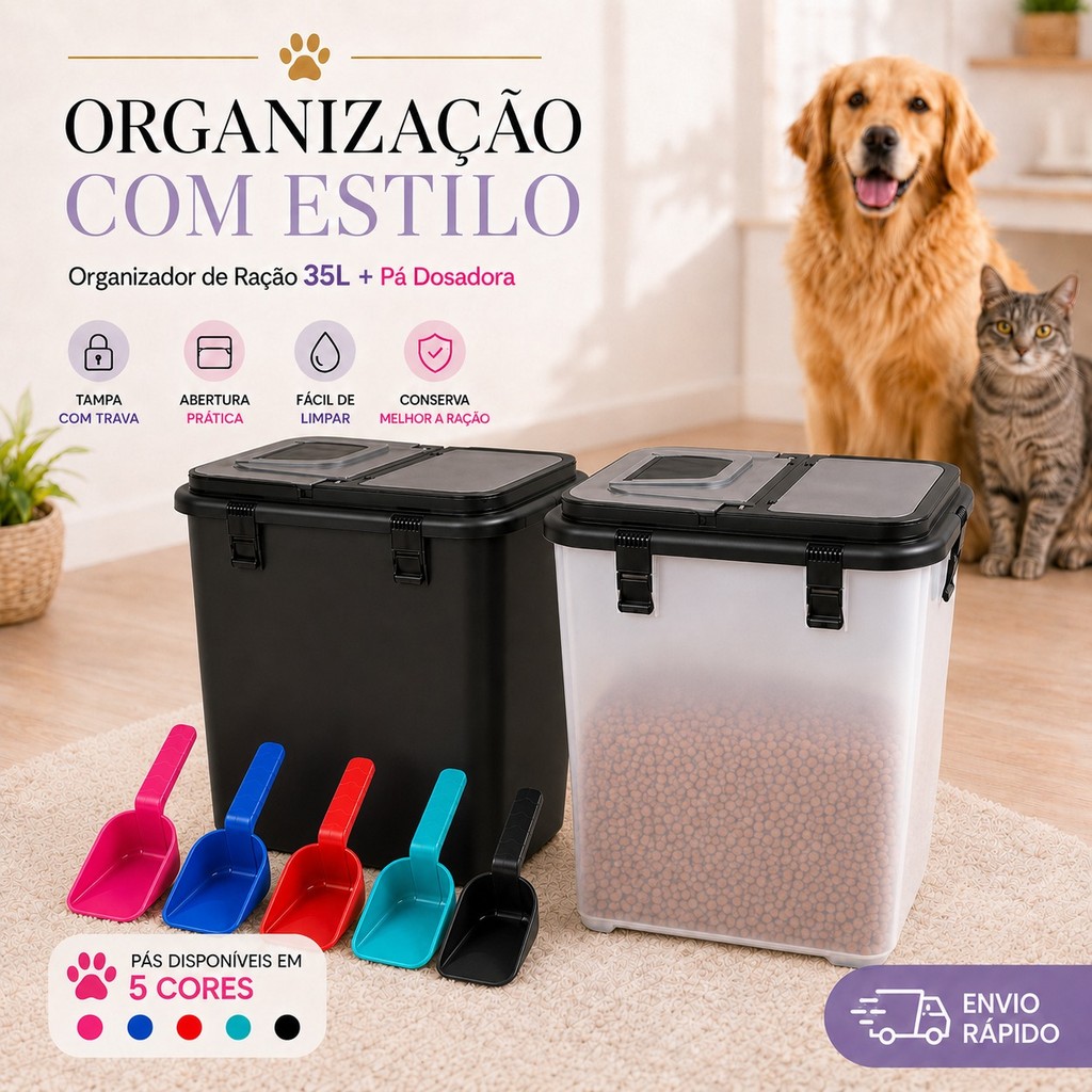 Contêiner Porta Ração 15KG 35 Litros Ração de Cachorro Gato com Pá Dosadora