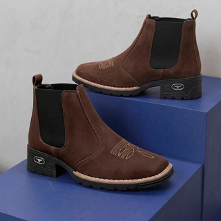 Botina Masculina Country Western Camurça Bordada Cano Curto Solado Borracha Costura Reforçada