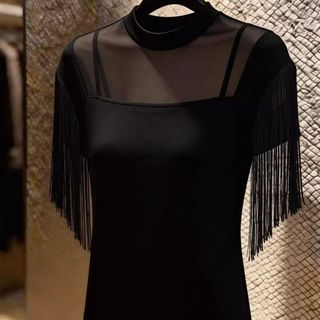Estilo Europeu Elegante Borla Malha Retalhos design Manga Curta topnxhs816 . my Flagship Store