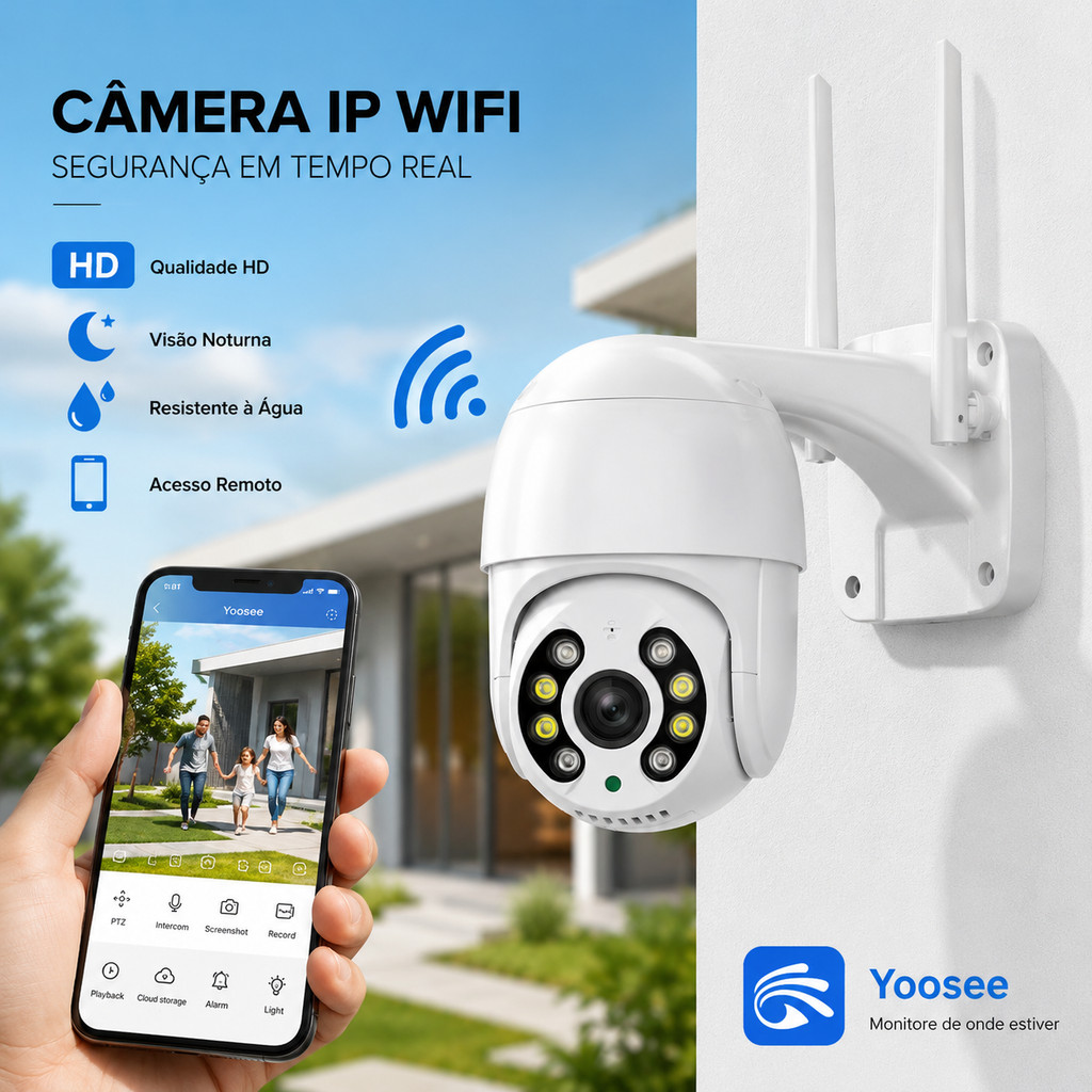 Câmera IP WiFi Externa HD PTZ Visão Noturna Yoosee Monitoramento Remoto