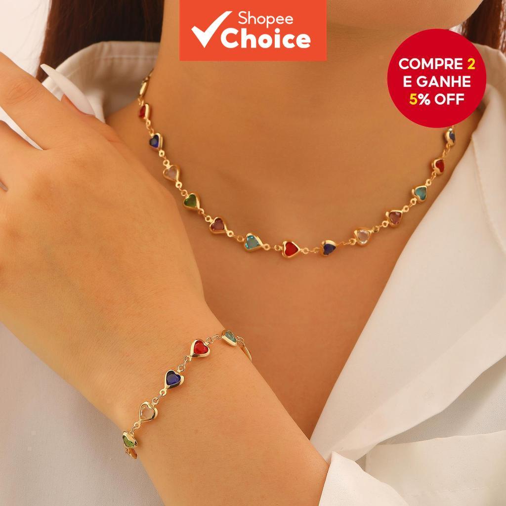 Conjunto De Pulseira De Colar De Corrente De Coração De Dopamina Colorida Para Mulheres , Presente De Uso Diário Sem Des