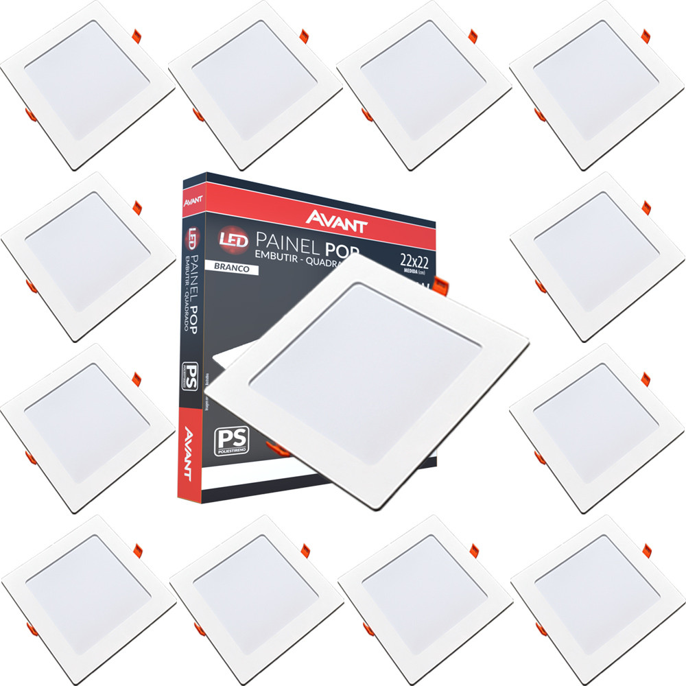 13 Painéis de Teto 18w Embutir Quadrado Branco Frio Avant
