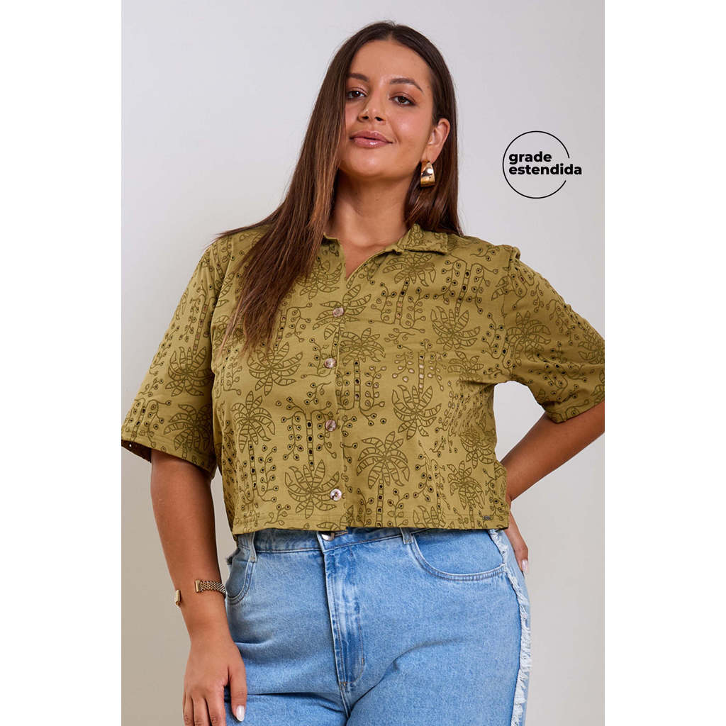 Camisa Feminina Tropical Devorê Marialícia Verde