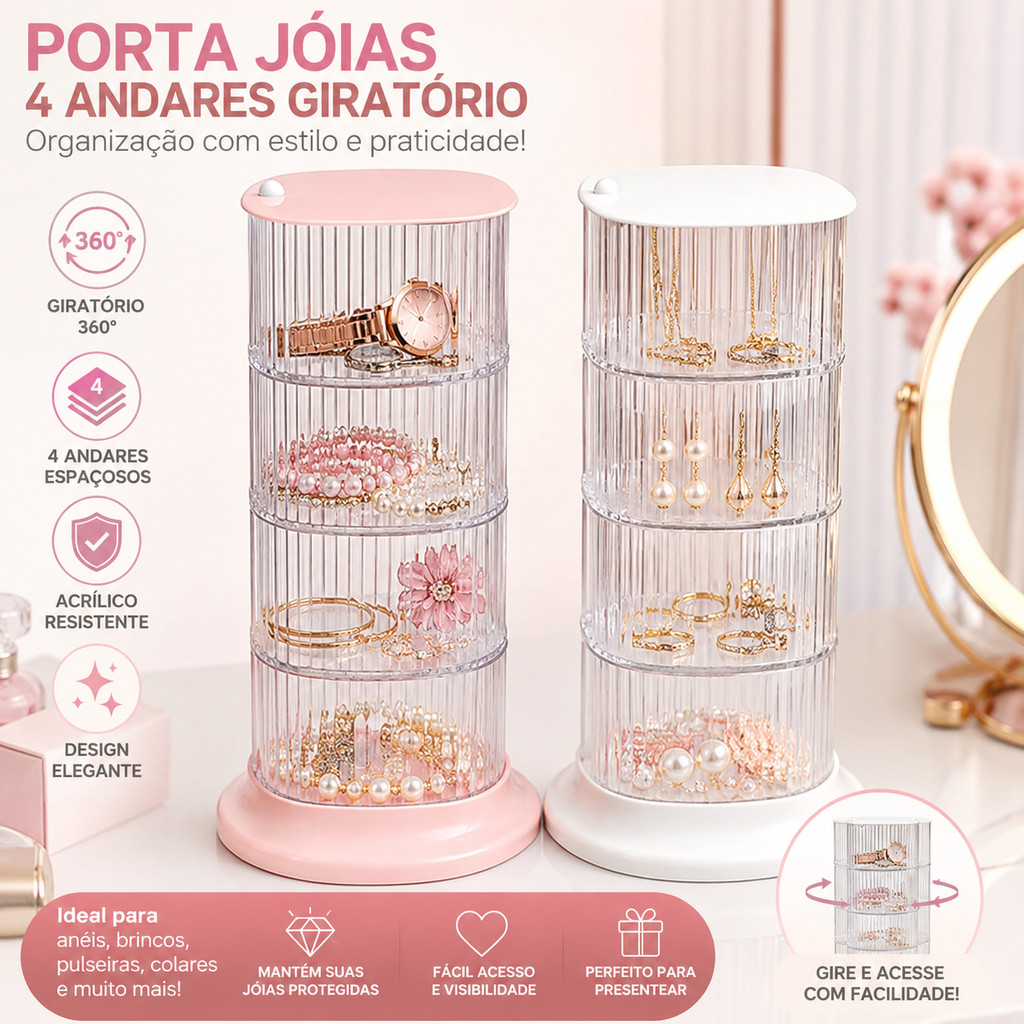 Porta Joias Organizador Giratório 360° 4 ou 5 Andares Acrílico para Brincos Anéis Colares e Acessórios