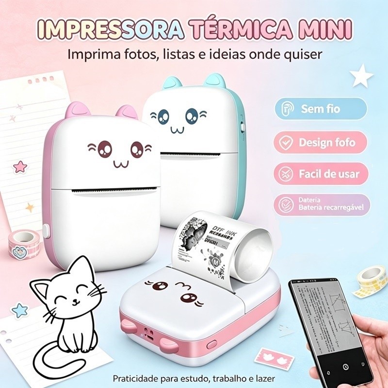 Mini Impressora Térmica Portátil Imprima Fotos e Desenhos Animados Sem Fio para Android e iOS Hd Gato bonito Voltik